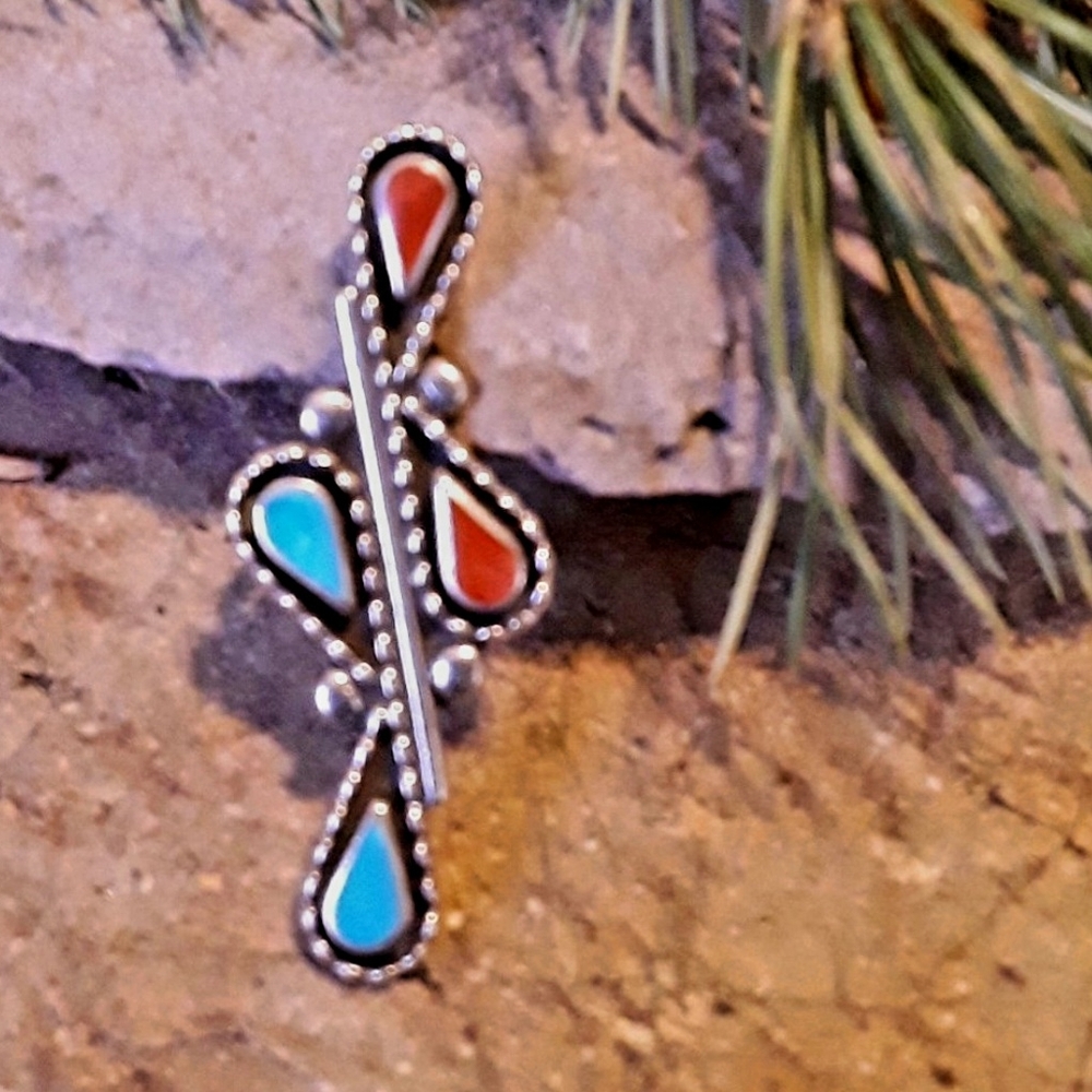 Gorgeous Sterling, Coral & Turquoise ring Size 4.5 Item #5190